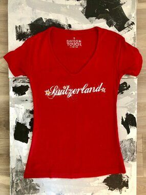 Red V-neck Switzerland T-shirt, Size Small